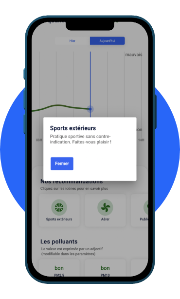 Exemple de recommandations de l'application de qualité de l'air Caeli