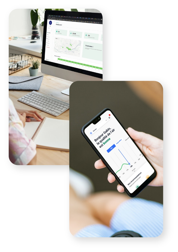 images représentants l'application de qualité de l'air Caeli et le dashboard de AtmoTrack