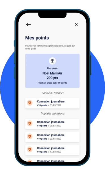 Page de récompense par points de l'application de qualité de l'air Caeli